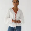 Chemises L Blouses | Hauts^Outfitbook Blouse à nouer avec bordures contrastantes BLANC