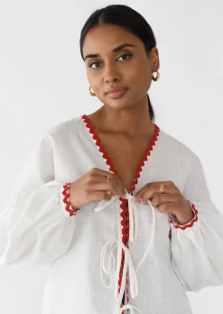Chemises L Blouses | Hauts^Outfitbook Blouse à nouer avec bordures contrastantes BLANC