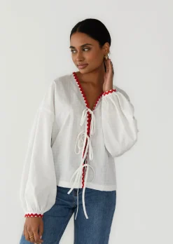 Chemises L Blouses | Hauts^Outfitbook Blouse à nouer avec bordures contrastantes BLANC