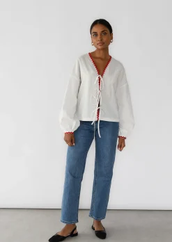Chemises L Blouses | Hauts^Outfitbook Blouse à nouer avec bordures contrastantes BLANC