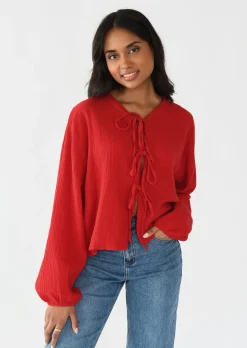 Chemises L Blouses | Hauts^Outfitbook Blouse texturée à nouer ROUGE