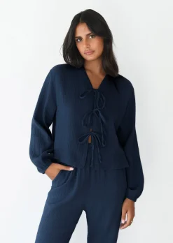Chemises L Blouses | Hauts^Outfitbook Blouse texturée à nouer BLEU