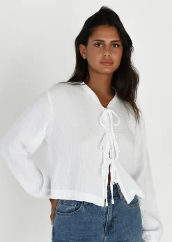 Chemises L Blouses | Hauts^Outfitbook Blouse texturée à nouer BLANC