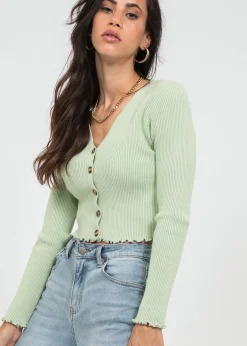 Pulls L Cardigans^Outfitbook Cardigan boutonné à ourlet volanté VERT