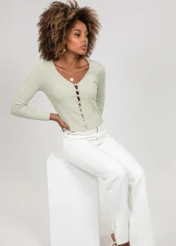 Pulls L Cardigans^Outfitbook Cardigan côtelé avec boutons perles - pastel vert