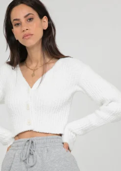 Pulls L Cardigans^Outfitbook Cardigan côtelé pelucheux BLANC