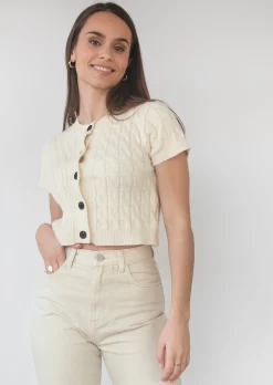 Pulls L Cardigans | Hauts^Outfitbook Cardigan en maille torsadée à manches courtes - beige