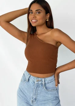 Hauts^Outfitbook Crop top asymétrique côtelé MARRON