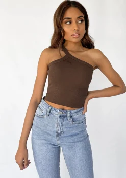 Hauts^Outfitbook Crop top asymétrique côtelé MARRON