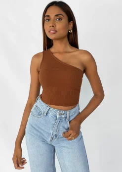 Hauts^Outfitbook Crop top asymétrique côtelé MARRON