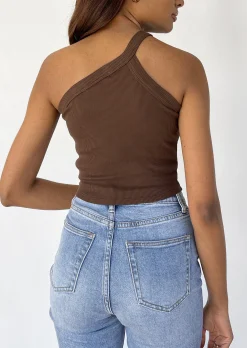 Hauts^Outfitbook Crop top asymétrique côtelé MARRON