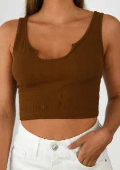 Hauts^Outfitbook Débardeur côtelé à encolure cranté MARRON