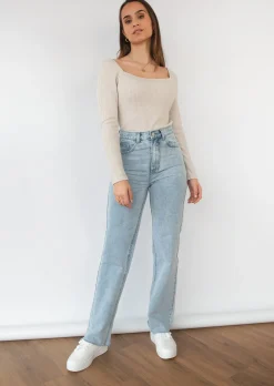 Jeans^Outfitbook Jean droit à ourlets brut bleu clair