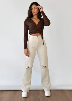 Jeans^Outfitbook Jean droit déchiré aux genoux BEIGE