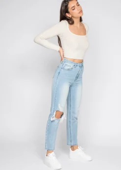 Jeans^Outfitbook Jean mom déchiré bleu clair