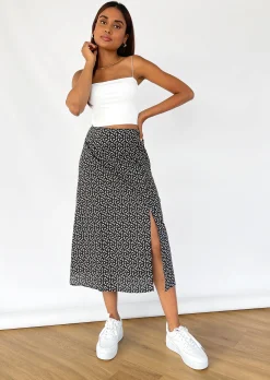 Jupes^Outfitbook Jupe mi-longue fendue à imprimé fleuri NOIR