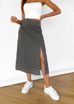 Jupes^Outfitbook Jupe mi-longue fendue à imprimé fleuri NOIR