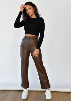 Pantalons^Outfitbook Pantalon droit en similicuir marron