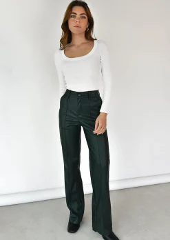 Pantalons^Outfitbook Pantalon droit similicuir vert foncé
