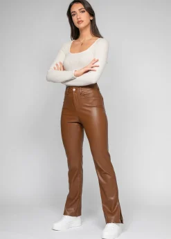 Pantalons^Outfitbook Pantalon en similicuir fendu marron