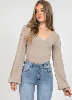 Pulls L Cardigans^Outfitbook Pull cache coeur à manches ballons TAUPE