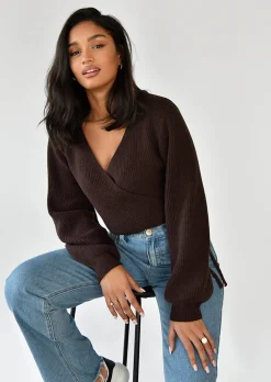 Pulls L Cardigans^Outfitbook Pull cache coeur à manches ballon MARRON