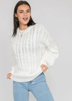 Pulls L Cardigans^Outfitbook Pull col rond en maille torsadée BLANC