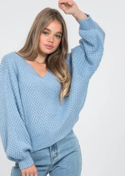 Pulls L Cardigans^Outfitbook Pull col V oversize en maille torsadée bleu
