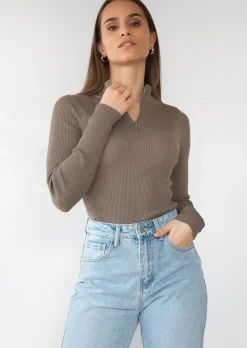 Pulls L Cardigans^Outfitbook Pull côtelé avec col zippé taupe