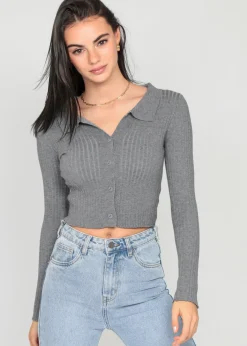 Pulls L Cardigans^Outfitbook Pull côtelé avec col à revers GRIS