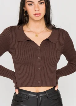 Pulls L Cardigans^Outfitbook Pull côtelé avec col à revers MARRON