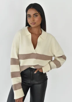 Pulls L Cardigans^Outfitbook Pull en maille à rayures col polo Beige