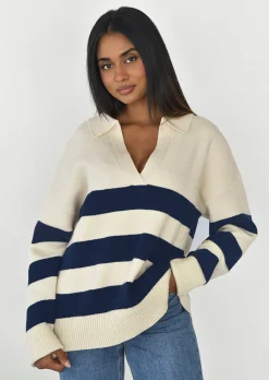 Pulls L Cardigans^Outfitbook Pull en maille à rayures col polo Beige