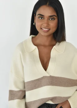 Pulls L Cardigans^Outfitbook Pull en maille à rayures col polo Beige