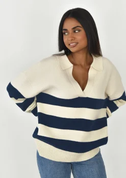 Pulls L Cardigans^Outfitbook Pull en maille à rayures col polo Beige