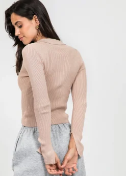 Pulls L Cardigans | Hauts^Outfitbook Pull zippé avec col à revers beige