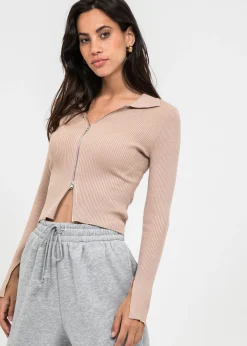 Pulls L Cardigans | Hauts^Outfitbook Pull zippé avec col à revers beige