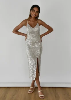 Robes^Outfitbook Robe à sequins fendue BEIGE