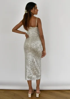 Robes^Outfitbook Robe à sequins fendue BEIGE