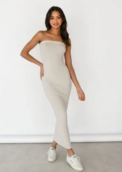 Robes^Outfitbook Robe bandeau en maille côtelée BEIGE