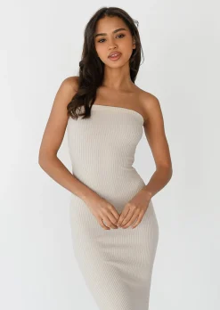 Robes^Outfitbook Robe bandeau en maille côtelée BEIGE