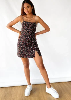 Robes^Outfitbook Robe courte fleurie col carré fendue NOIR