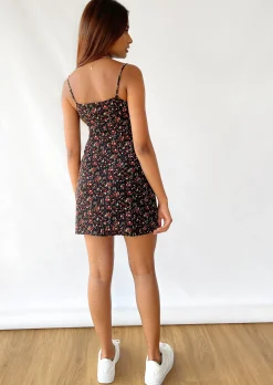 Robes^Outfitbook Robe courte fleurie col carré fendue NOIR