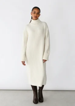 Robes^Outfitbook Robe en maille côtelée à col roulé ECRU