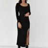Robes^Outfitbook Robe mi-longue côtelée fendue NOIR