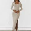 Robes^Outfitbook Robe mi-longue côtelée fendue BEIGE