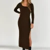 Robes^Outfitbook Robe mi-longue côtelée fendue MARRON