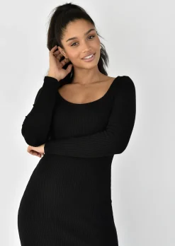 Robes^Outfitbook Robe mi-longue côtelée fendue NOIR