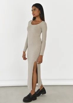 Robes^Outfitbook Robe mi-longue côtelée fendue BEIGE