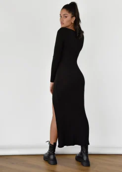 Robes^Outfitbook Robe mi-longue côtelée fendue NOIR